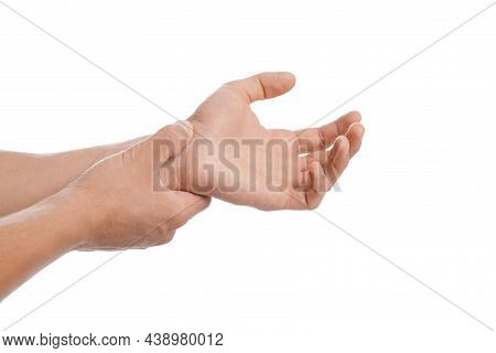 Cropped Millennial Caucasian Male Massaging Sore Spot, Suffer From Pain In Wrist, Isolated On White 