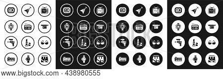 Set Retro Tv, Radio With Antenna, Wrist Watch, 80s, Waist Bag Of Banana, Electric Bass Guitar, Glass