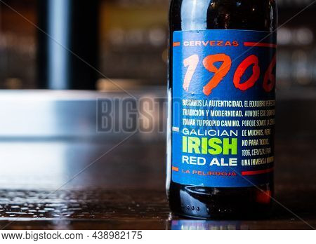 Extremadura, 11.05, 2021. Bottle Of Estrella Galicia 1906 On A Bar Counter. Estrella Galicia Is Prod