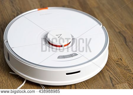 Tallinn, Estonia - October 10, 2021: Xiomi S7 Roborock Vacuum Cleaner Performs Automatic Cleaning Of