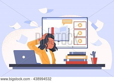 Tired Woman Studying Concept. Young Student Crying Because Of Emotional Burnout Or Heavy Preparation