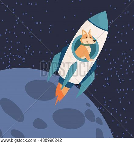 Dog Riding Rocket To Moon Concept. Increase In Value Of Dogecoin In Stock Market. Animal In Outer Sp