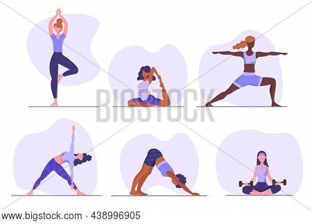 Set Of Women Doing Yoga. Female Characters Stretch Their Muscles, Train Balance And Perform Physical