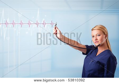Pretty young medical doktor listening to red pulse and heart rates