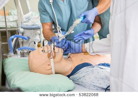 Cropped image of doctor and nurses adjusting endotracheal tube on dummy patient in hospital