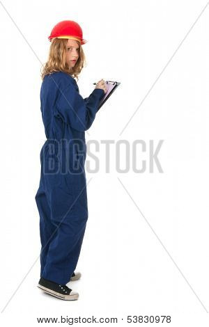 Young woman with blue overall and clipboard