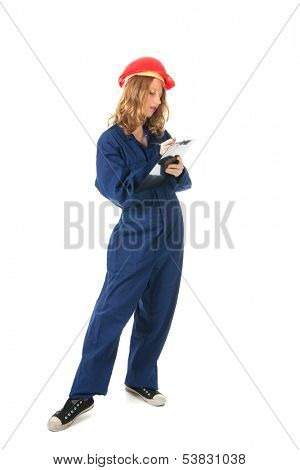 Young woman with blue overall and clipboard