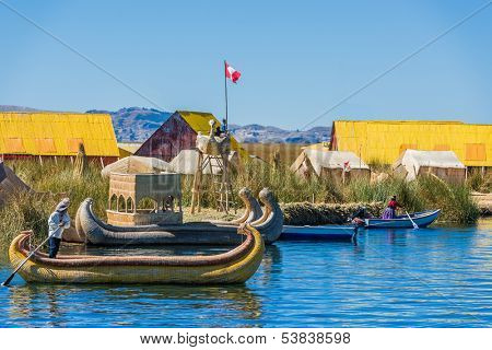 PUNO, PERU - JULY 26: Uros floating islands in the peruvian Andes at Puno Peru on july 26th, 2013. The Uros are a pre-Incan people who live on 42 self-fashioned floating islands in Lake Titicaca