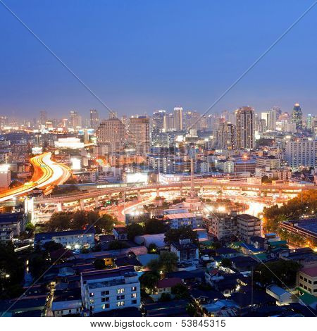 Citscape of Bangkok Skylines at Victory Monument Downtown at Dusk aerial view
