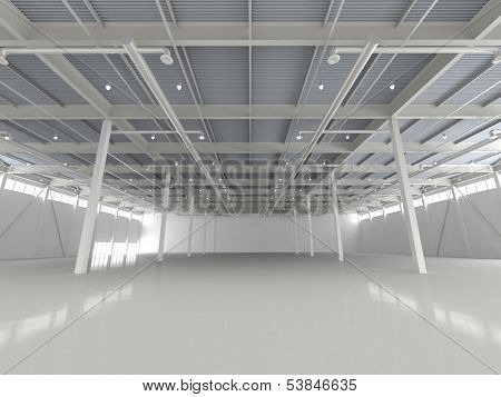 New Modern Empty Storehouse. Huge Light Empty Storehouse