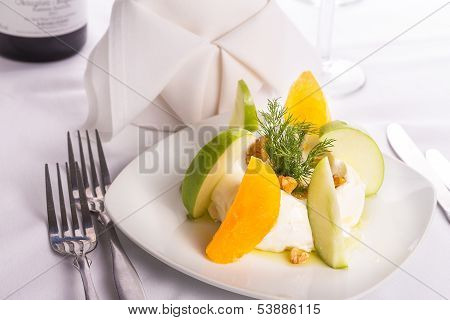 Strained Yogurt Labneh Citrus Salad Garnished With Dill And Walnuts Served With Oil