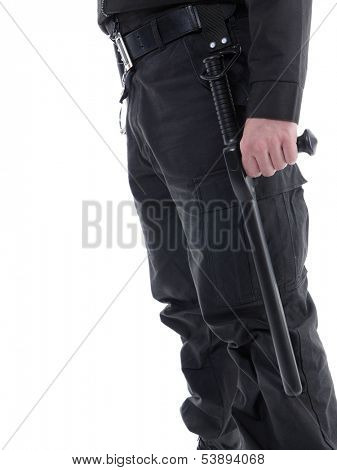 Security man's hand resting on police club attached to his side, side view, shot on white