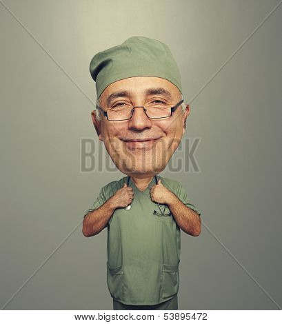 funny bighead happy doctor in glasses over dark background