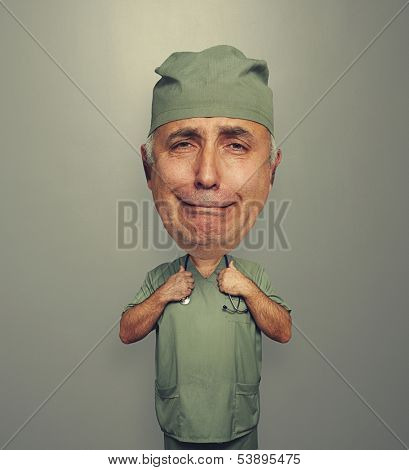 funny bighead sad doctor over dark background