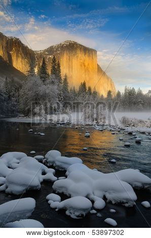 View of El Capitan from the Merced RIver at sunset in the winter