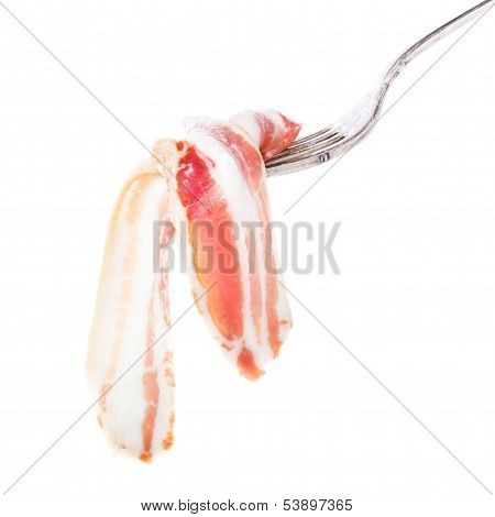 Delicious Parma Ham On Silver Fork Isolated On White Background, Macro. Italy Prosciutto