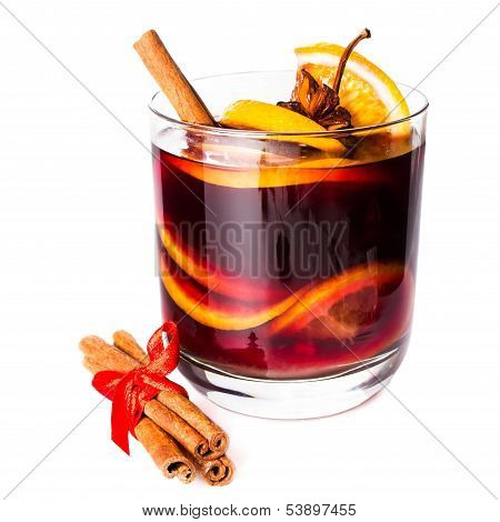 Cup Of Hot Red Mulled Wine Isolated On White Background With Christmas Spices, Orange Slice, Anise A