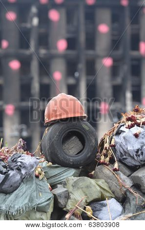 KIEV, UKRAINE - APR 19, 2014: Downtown of Kiev.Camp decoration with military items.Rioters camp.Putsch of Putsch.April 19, 2014 Kiev, Ukraine 