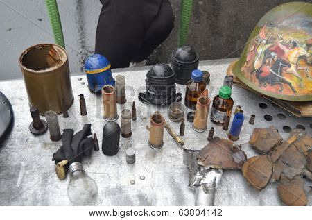 KIEV, UKRAINE - APR 19, 2014: Downtown of Kiev.Camp decoration with military items.Rioters camp.Putsch of Putsch.April 19, 2014 Kiev, Ukraine 