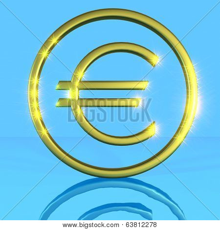 Golden shiny metallic euro symbol on a blue background with water reflection framed. 3D generated im