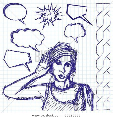 sketch, comics style female overhearing something with her ear and hand