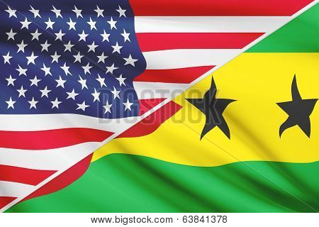 Series Of Ruffled Flags. Usa And Democratic Republic Of Sao Tome And Principe.