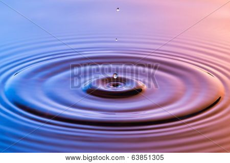 Water Drop Close Up With Concentric Ripples Colourful Blue And Amber Surface