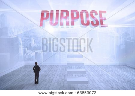 The word purpose and businesswoman with hands on hips against city scene in a room