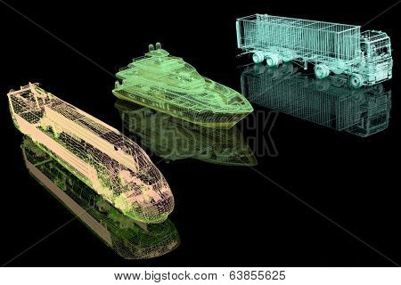 Types of transport. 3d model on black background