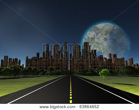 Terraformed moon as seen from highway on future earth