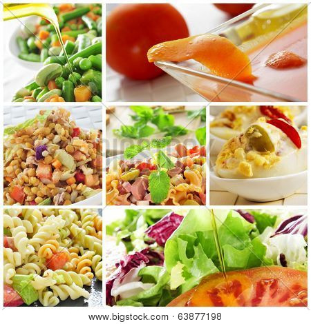 a collage of different salads, such as pasta salad or lentil salad, and eggs mimosa and gazpacho