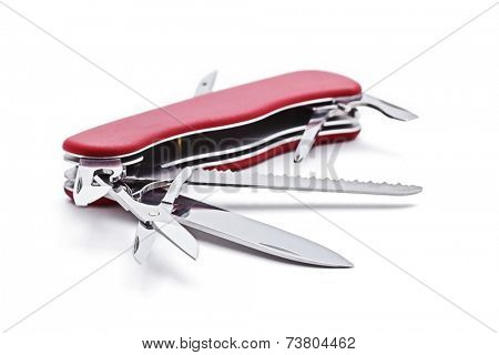 Multipurpose multitool pocket knife isolated on white