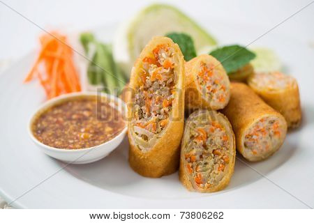 Spring Rolls With Pork Dish White Background.
