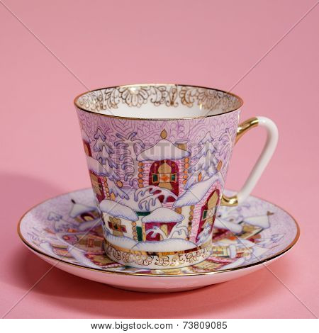 Porcelain  Tea Cup And Saucer With Christmas Decor