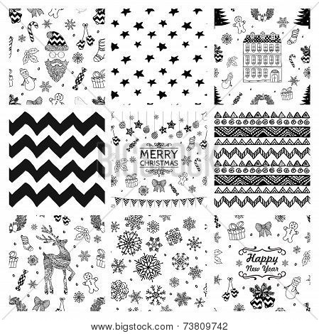 Christmas Doodles Seamless Background Set