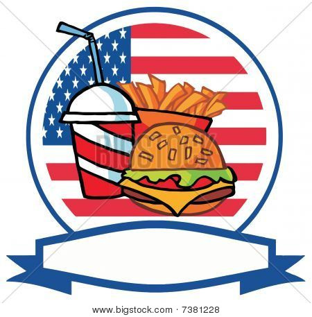 Nápoj kreslený Hamburger a hranolky před vlajka USA