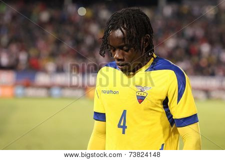 HARTFORD - OCTOBER 10: Ecuadorian player #4 on US Men`s International Friendly match between US Men`s National Team vs Ecuador, on October 10, 2014, in Rentschler Field stadium, Hartford, USA.  