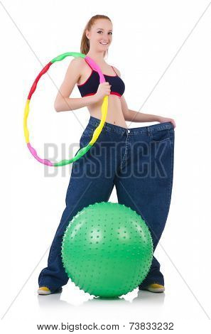 Woman in weight loss concept isolated on white