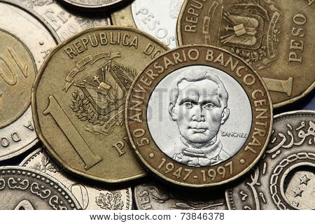 Coins of the Dominican Republic. Dominican national hero Francisco del Rosario Sanchez depicted in the Dominican five peso coin.
