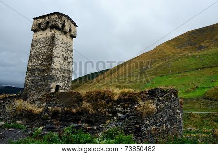 View Of Medieval Svan Village With Famous Protective Fortified Tower,settlement Ushguli,Georgia