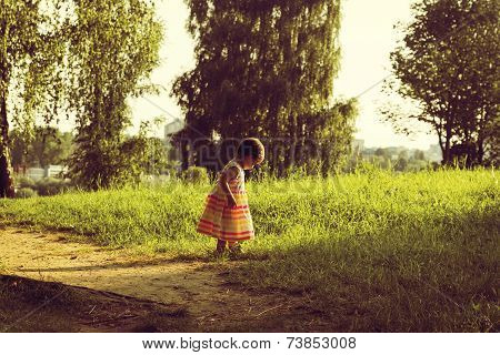 Cute little girl on a yellow summer field
