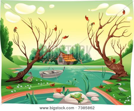 Lagoa e animais.