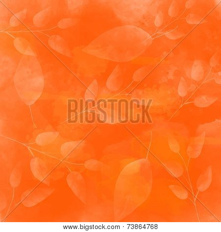 Orange vector autumn background with leaves pattern. Watercolor artistic texture.