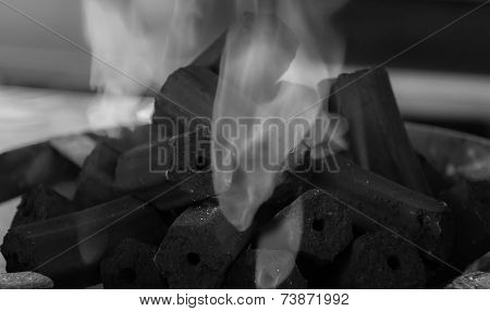 Flame On Charcoal Burning Black And White