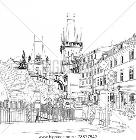 Charles Bridge - Prague, Czech Republic. Vector drawing