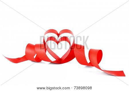 Heart shaped red paper ribbon isolated on white