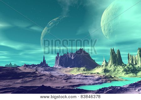 3D Rendered Fantasy Alien Planet. Rocks And  Moon