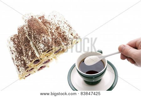 Black Tea With A Cake On A White Background
