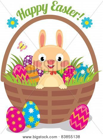 Easter Bunny In A Basket With Eggs