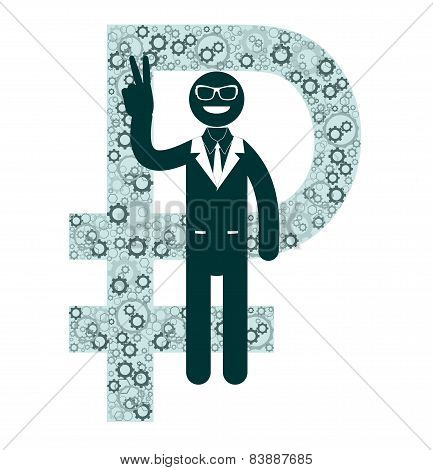 Businessman showing victory sign on a background of ruble signs.